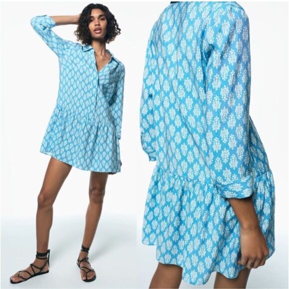 ZARA blue/white print short ruffle hem babydoll dress boho Sz M - Picture 1 of 12